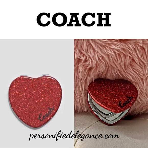 NEW Coach Wine Multi Glitter Heart Shaped Dual Sided Compact Mirror - Picture 9 of 16